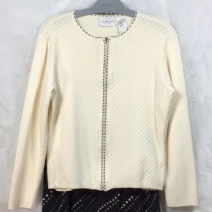 Liz Claiborne Cream Black Trim Cotton Knit Zip Front Cardigan